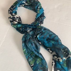 DONATED Blue Black & Green Leaf Motif Long Scarf